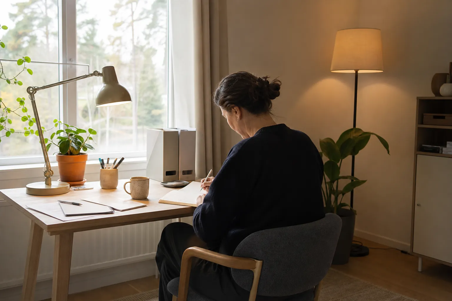 Hemmakontor med skrivbord vid fönster, skrivbordslampa och golvlampa som tillsammans ger jämn belysning
