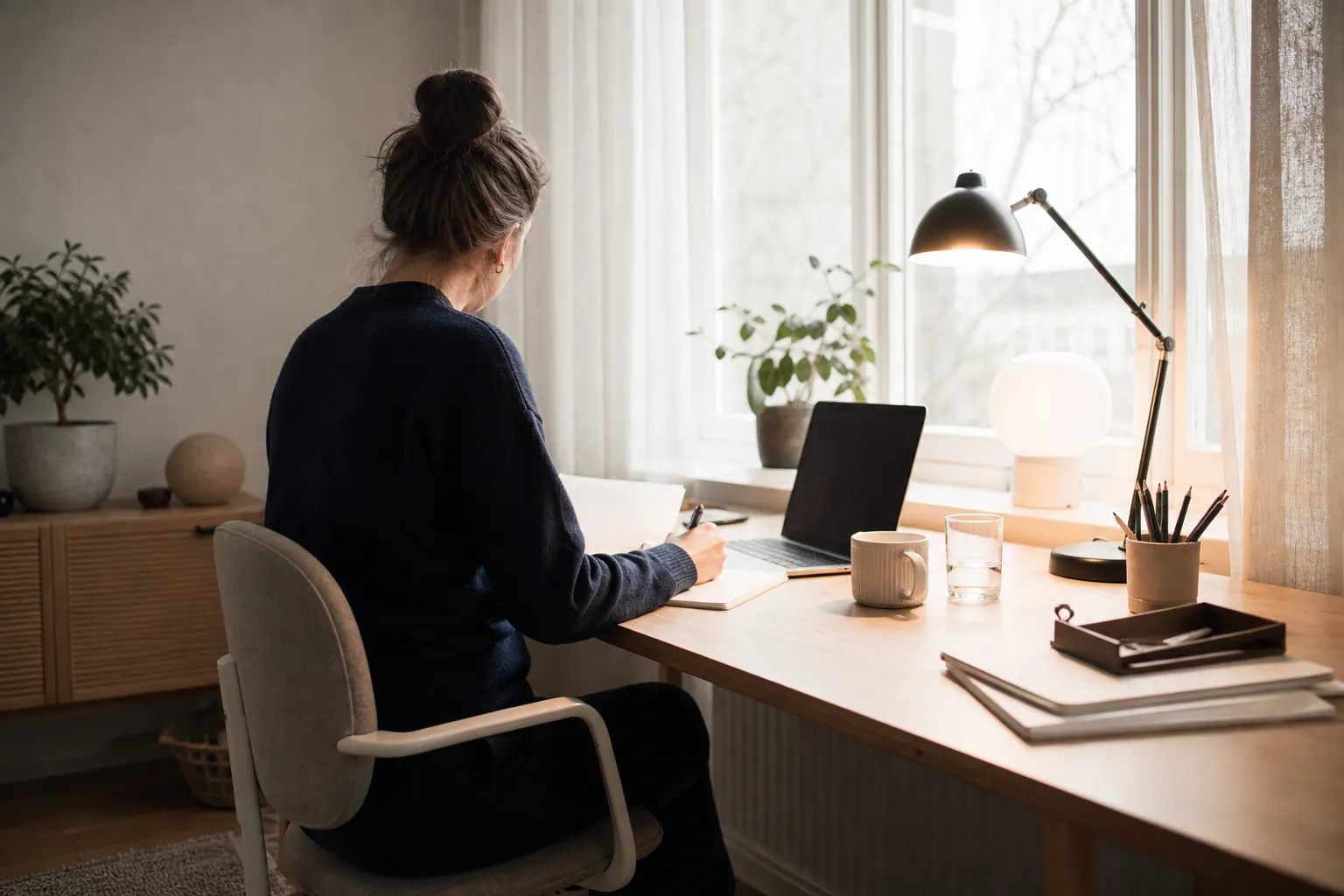 Skrivbord placerat i vinkel mot ett fönster i ett hemmakontor, med dagsljus och en tänd skrivbordslampa samtidigt