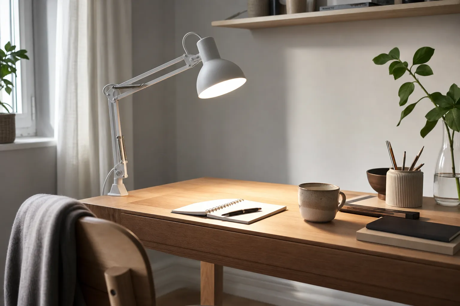 Klämlampa fäst i kanten av ett skrivbord, med lamphuvudet riktat mot en anteckningsbok