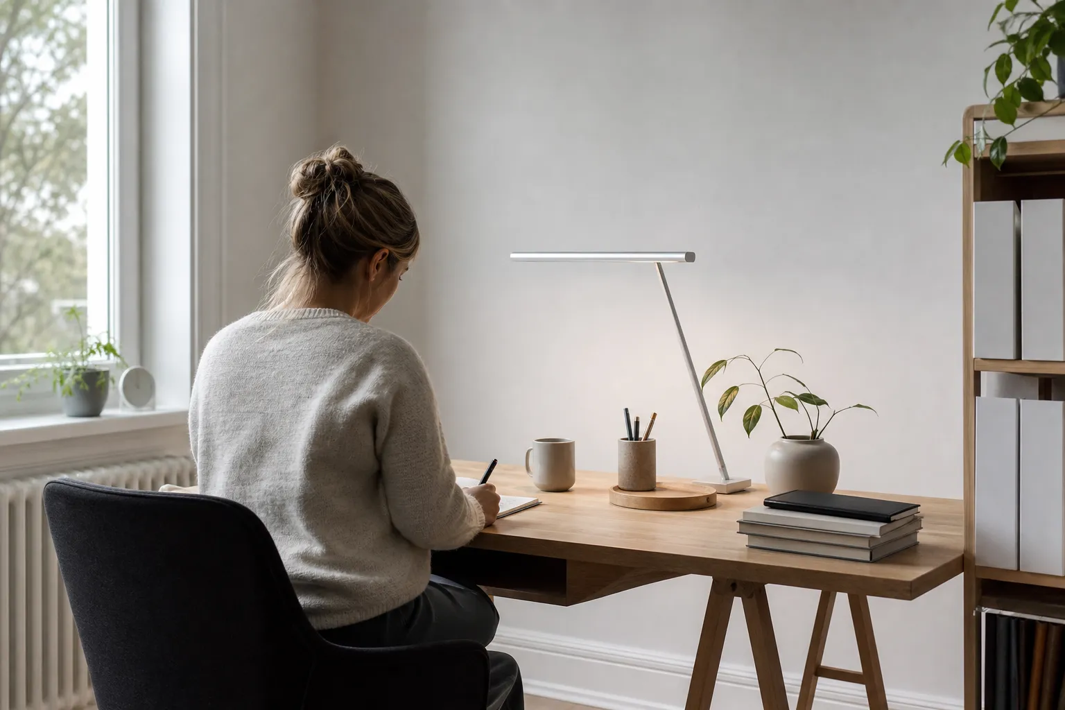 LED-skrivbordslampa med tunn, modern design som lyser upp ett skrivbord i ett hemmakontor