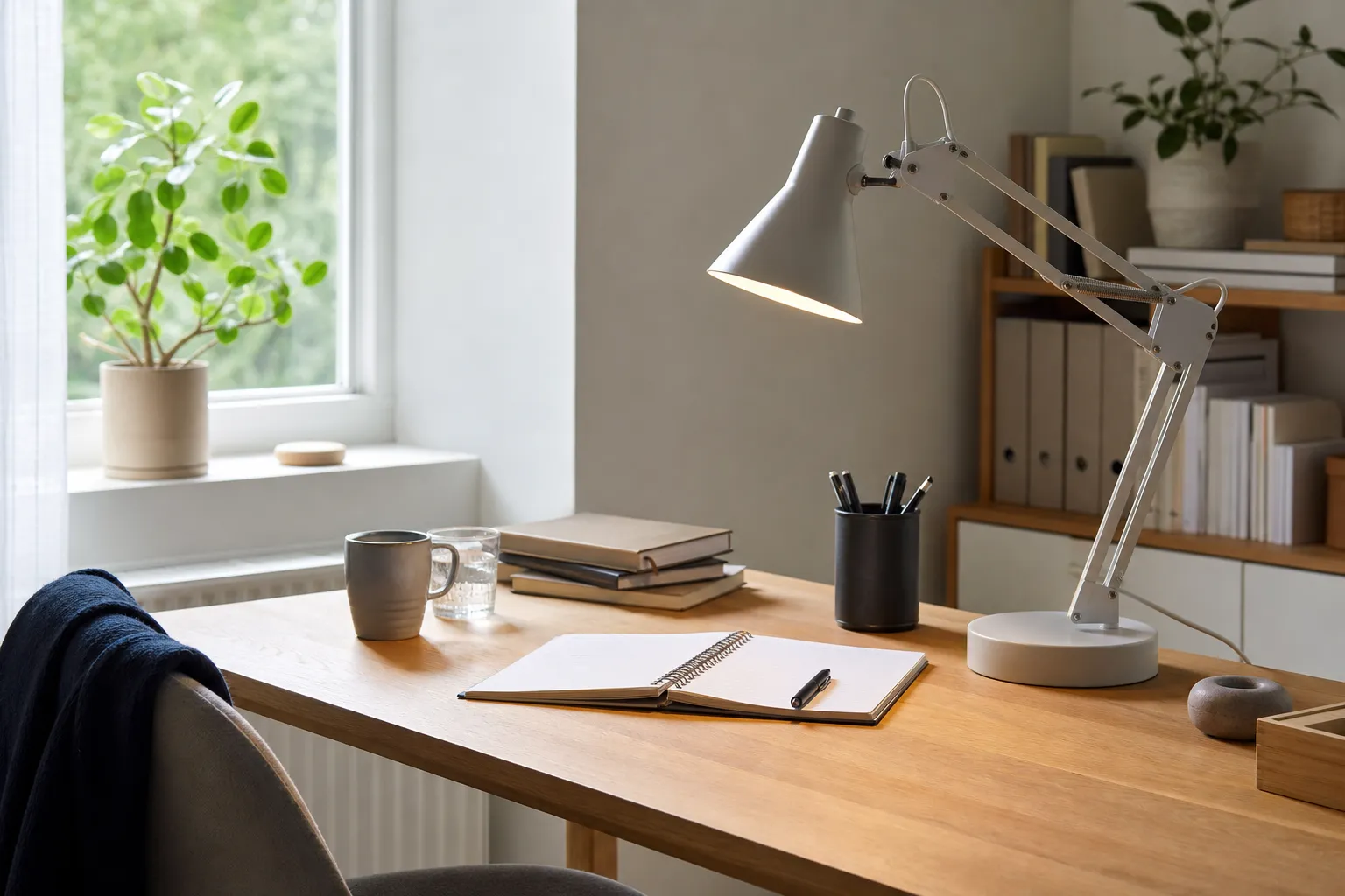 Skrivbordslampa med justerbar arm som lyser upp ett anteckningsblock på ett ljust hemmakontor