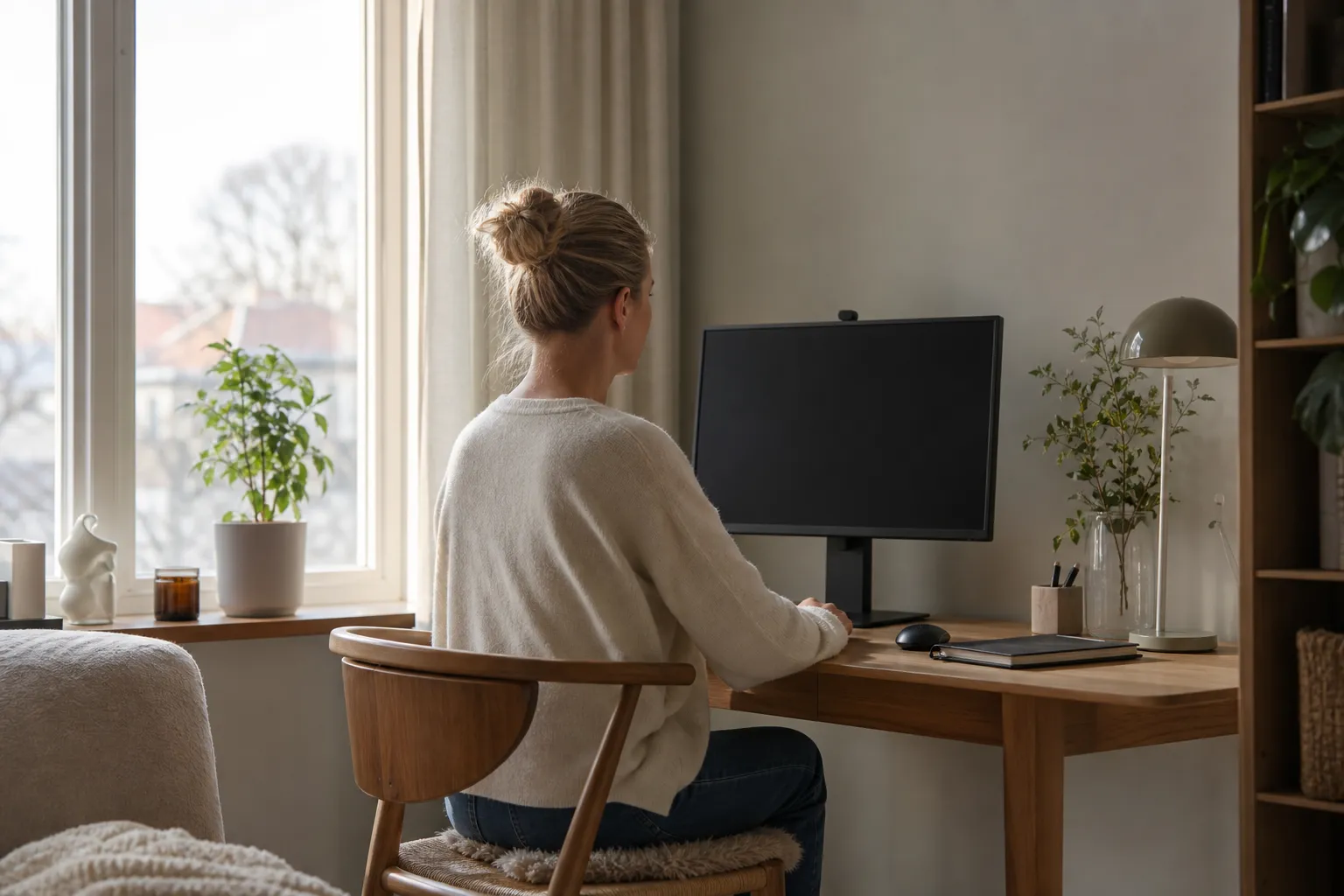 Bildskärm placerad i ögonhöjd på ett skrivbord i ett ljust rum