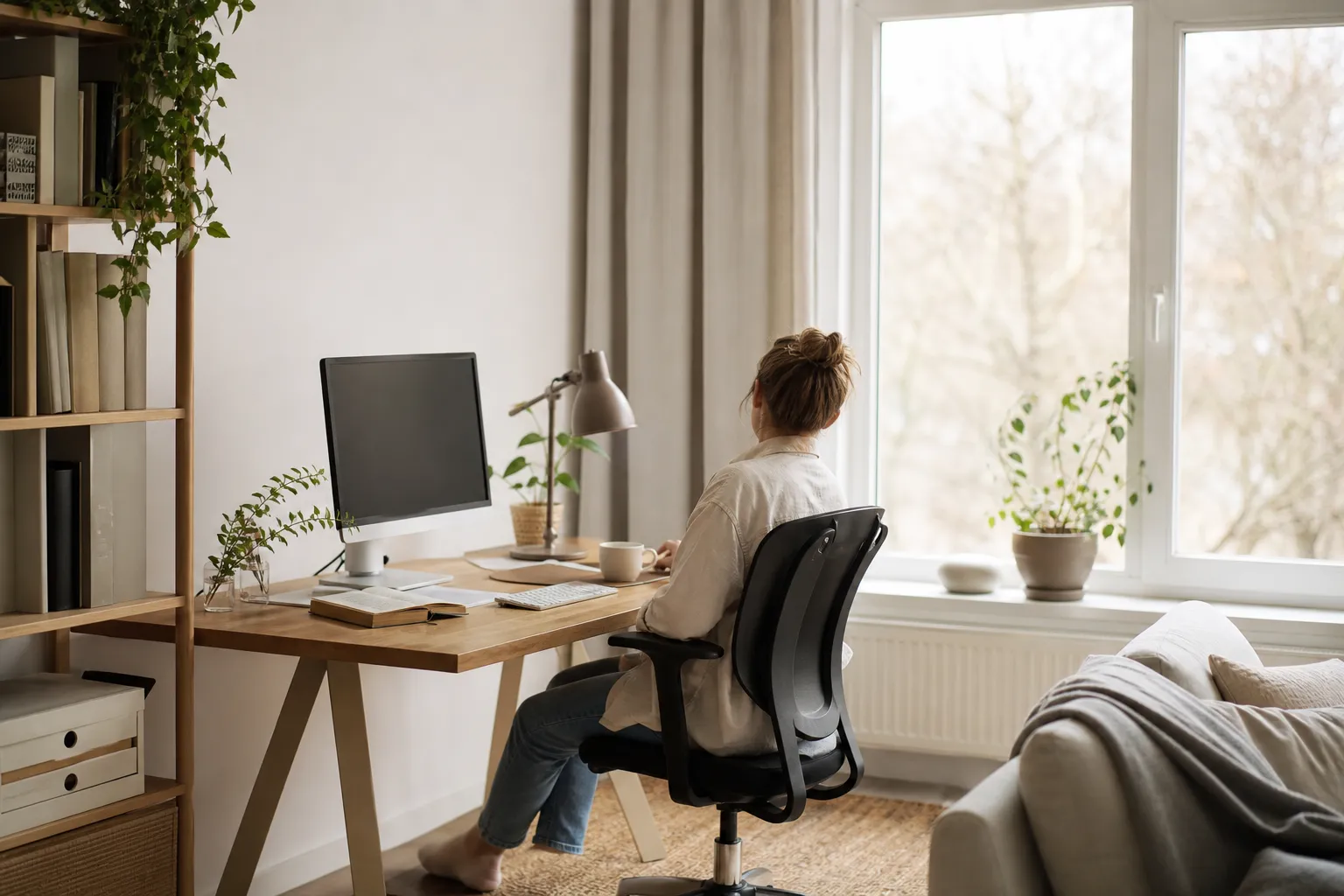 Ljust hemmakontor med skärm, tangentbord och kontorsstol vid ett fönster