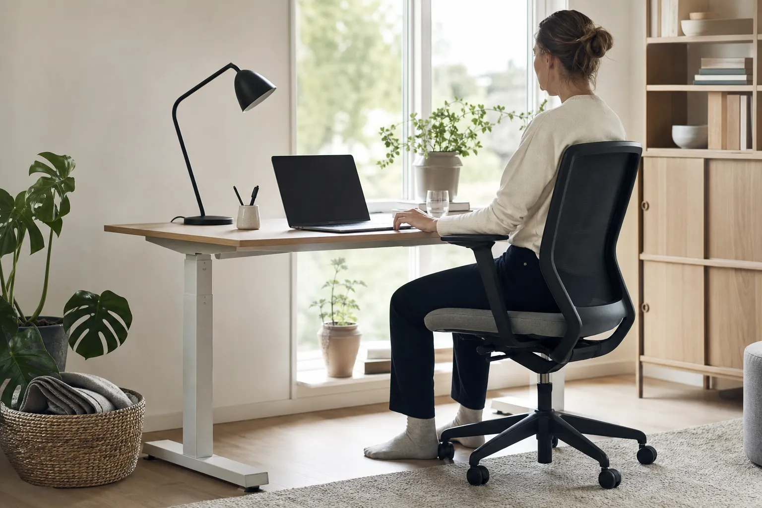 Person som sitter i god arbetsställning vid ett höj- och sänkbart skrivbord