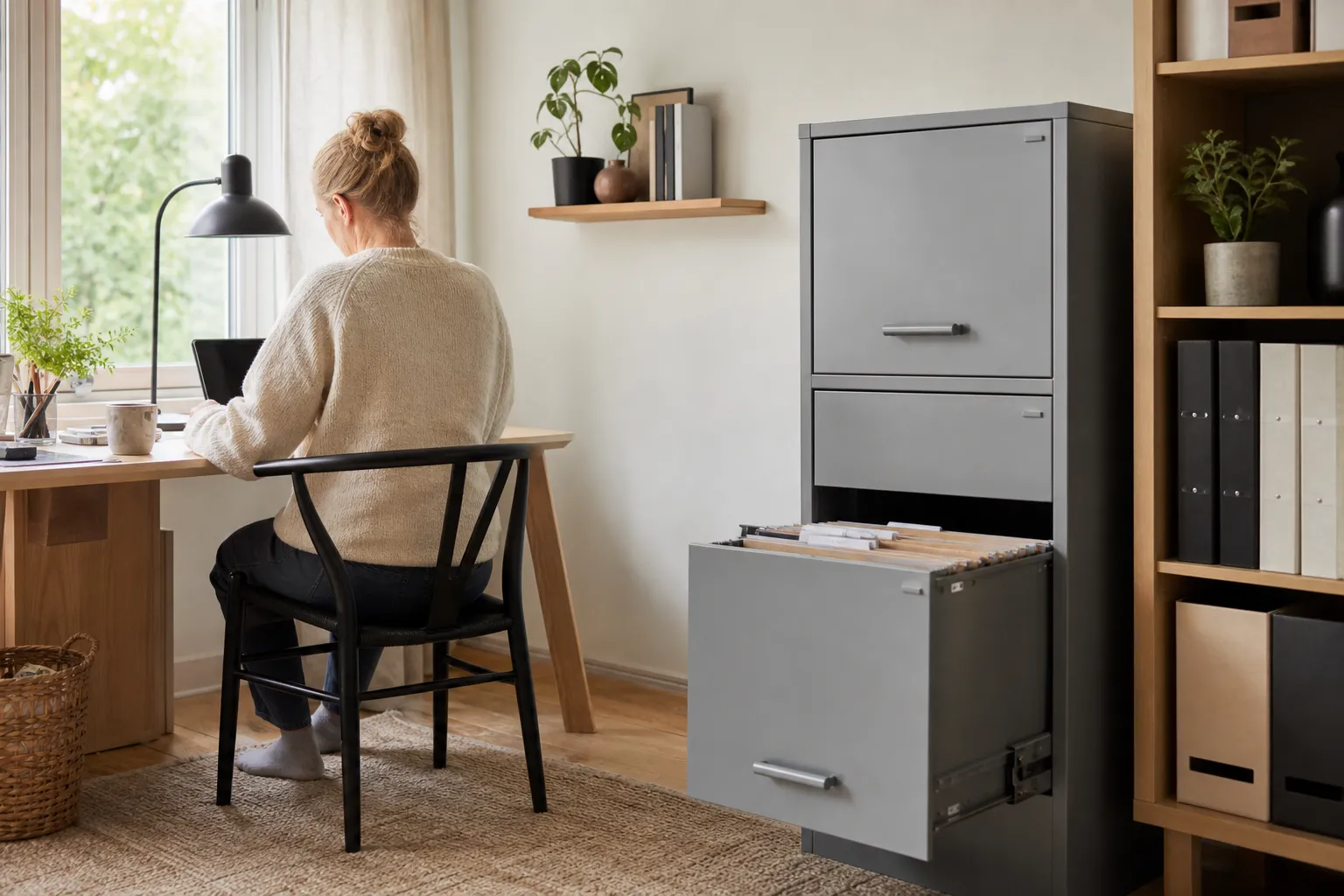 Grått arkivskåp i plåt med hängmappar och pärmar i ett kontorsrum