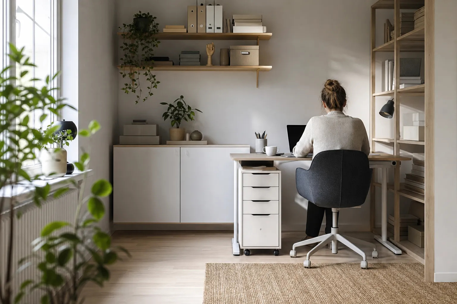 Organiserat hemmakontor med skåp, hylla och skrivbordshurts i ljust nordiskt rum