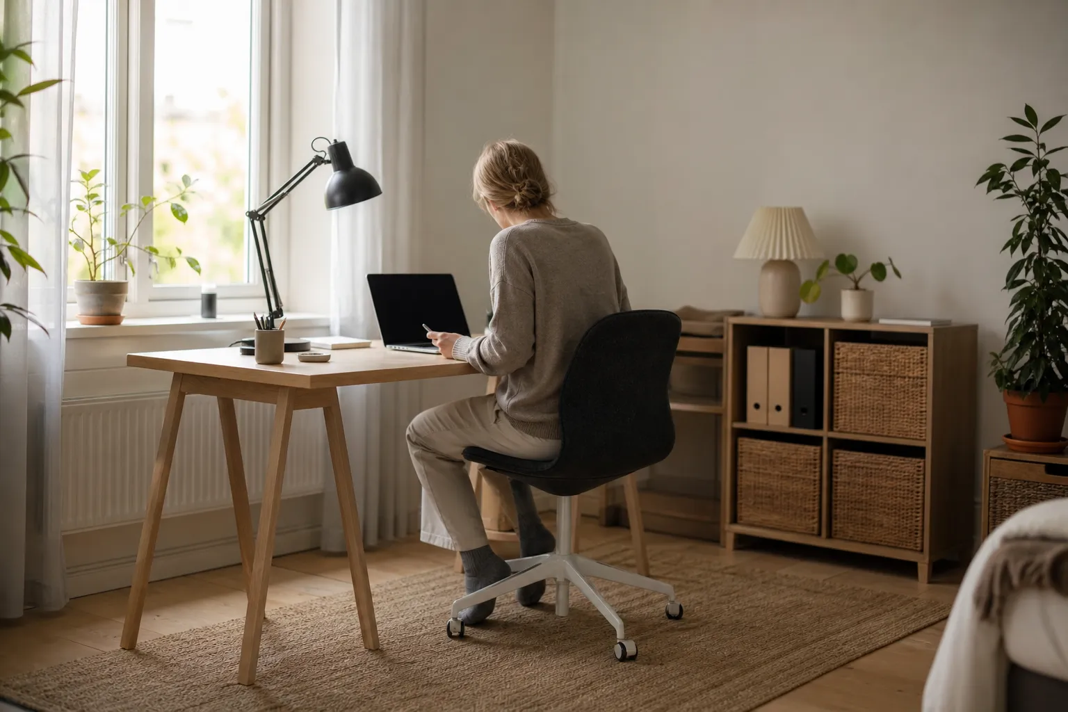 Enkelt men fungerande hemmakontor med basmöbler, skrivbord, stol och en lampa i ett ljust rum