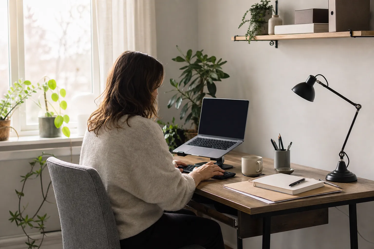 Person som arbetar vid en bärbar dator med externt tangentbord i ett ljust hemmakontor