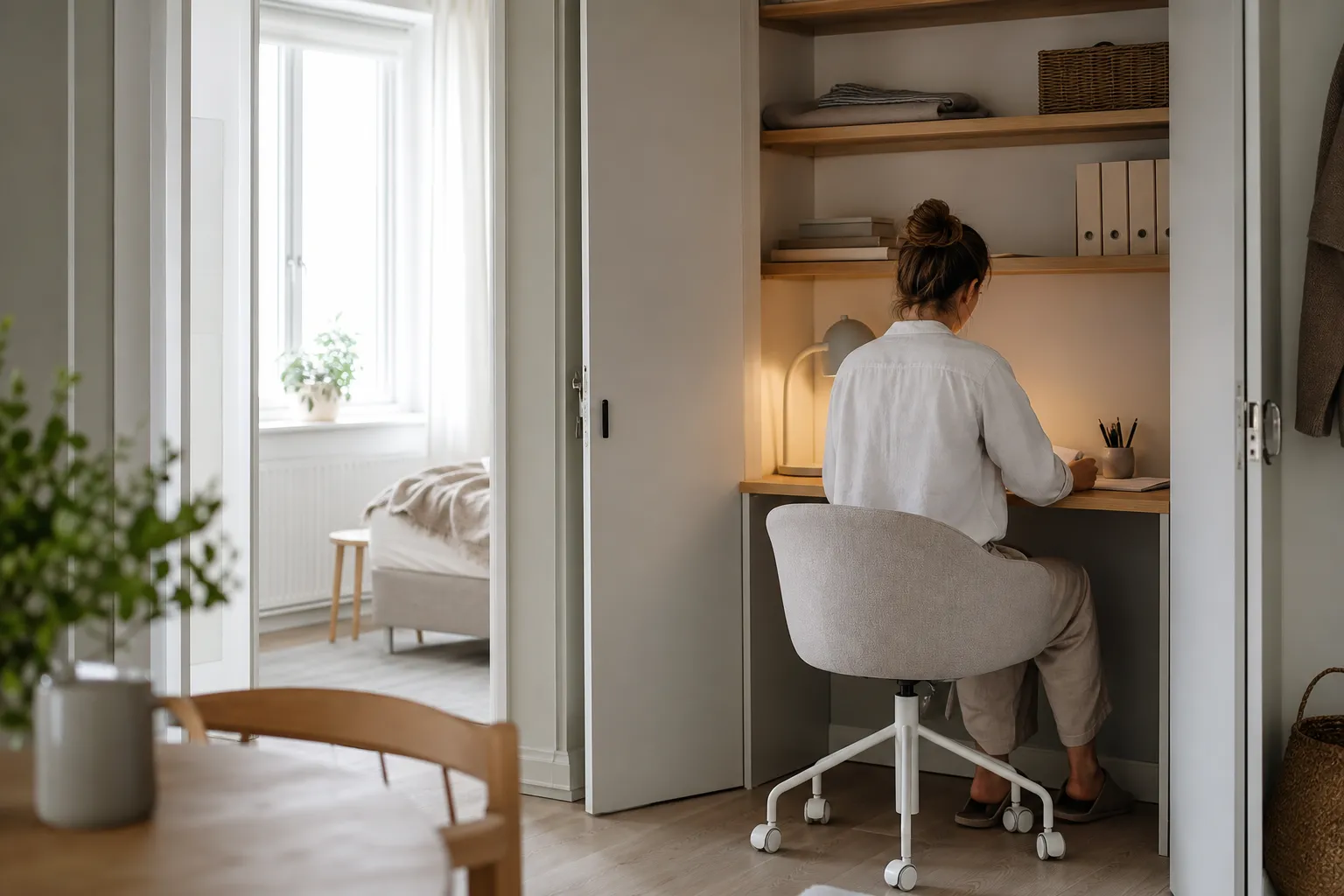 Smal arbetsyta infälld i en garderobsnisch i en liten ljus lägenhet, med skrivbord, lampa och en vägghylla