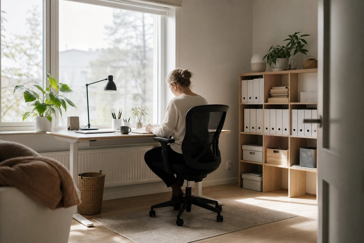 Ljust nordiskt hemmakontor med skrivbord vid fönster, kontorsstol, skrivbordslampa och en hylla med pärmar