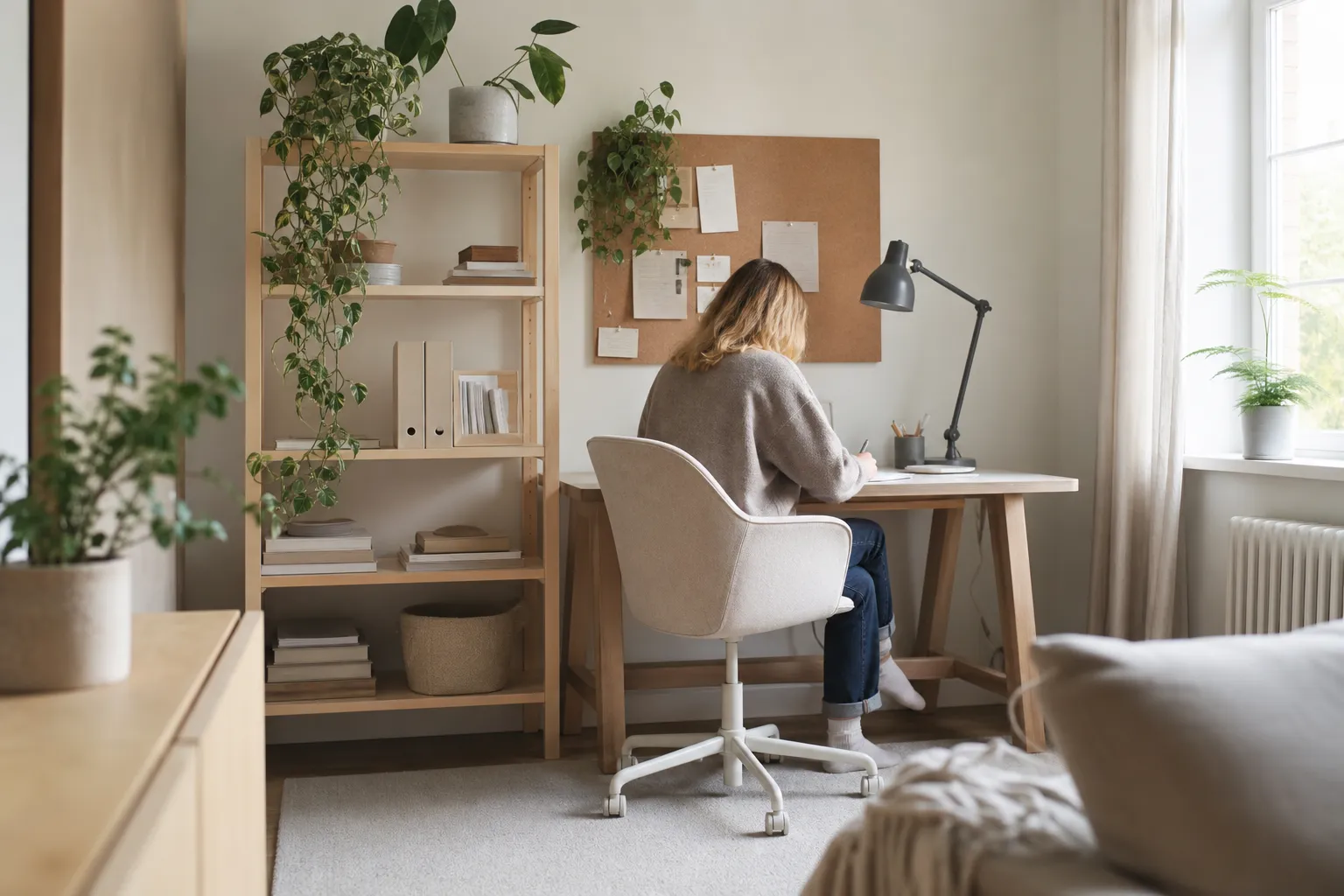 Inrett hemmakontor med skrivbord, öppen hylla, anslagstavla och gröna växter i ett ljust rum