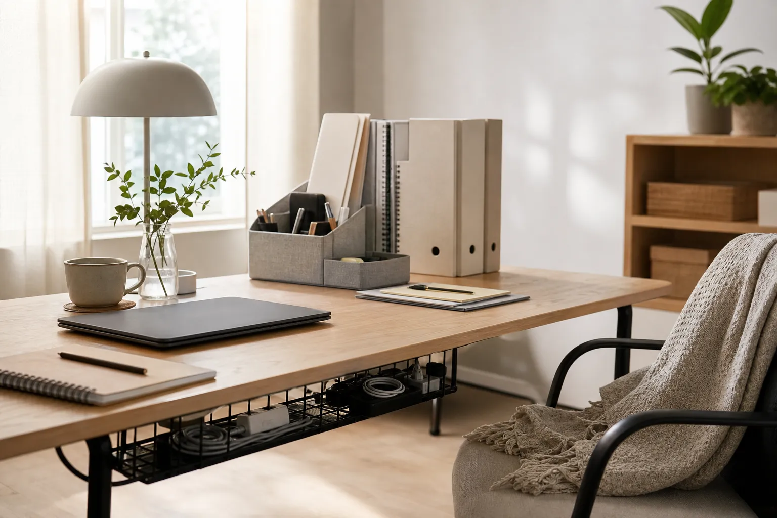 Organiserat skrivbord med skrivbordsorganiserare, etiketterade pärmar och samlade sladdar i ett ljust hemmakontor