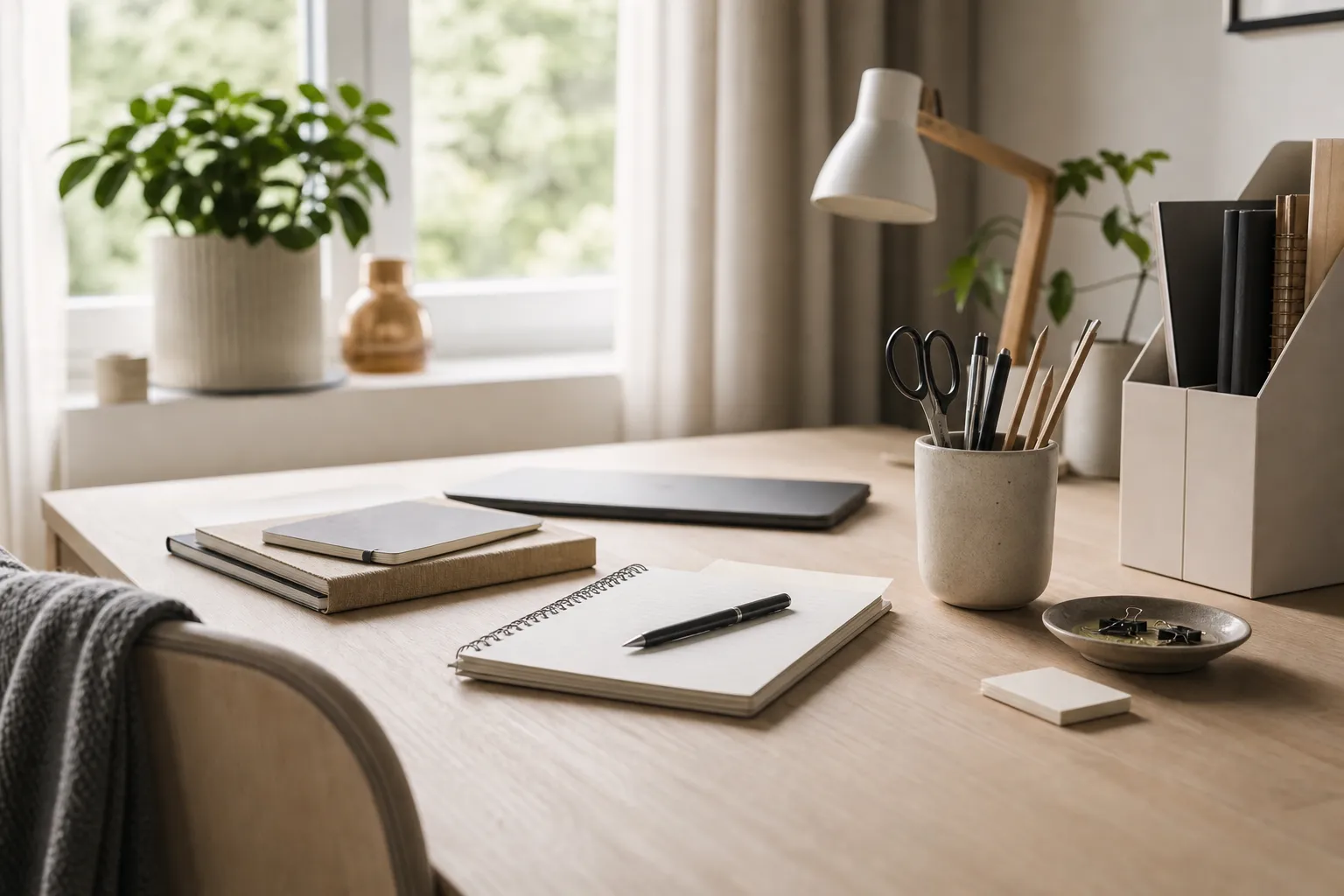 Skrivbord i ett hemmakontor med pennställ, anteckningsblock och andra kontorsartiklar samlade
