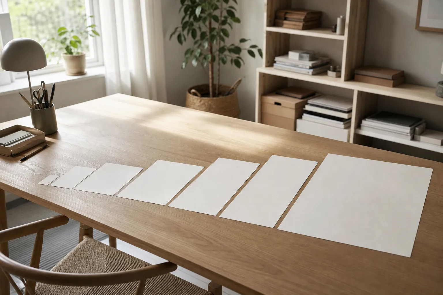 Olika pappersformat i A-serien uppradade i storleksordning på ett skrivbord