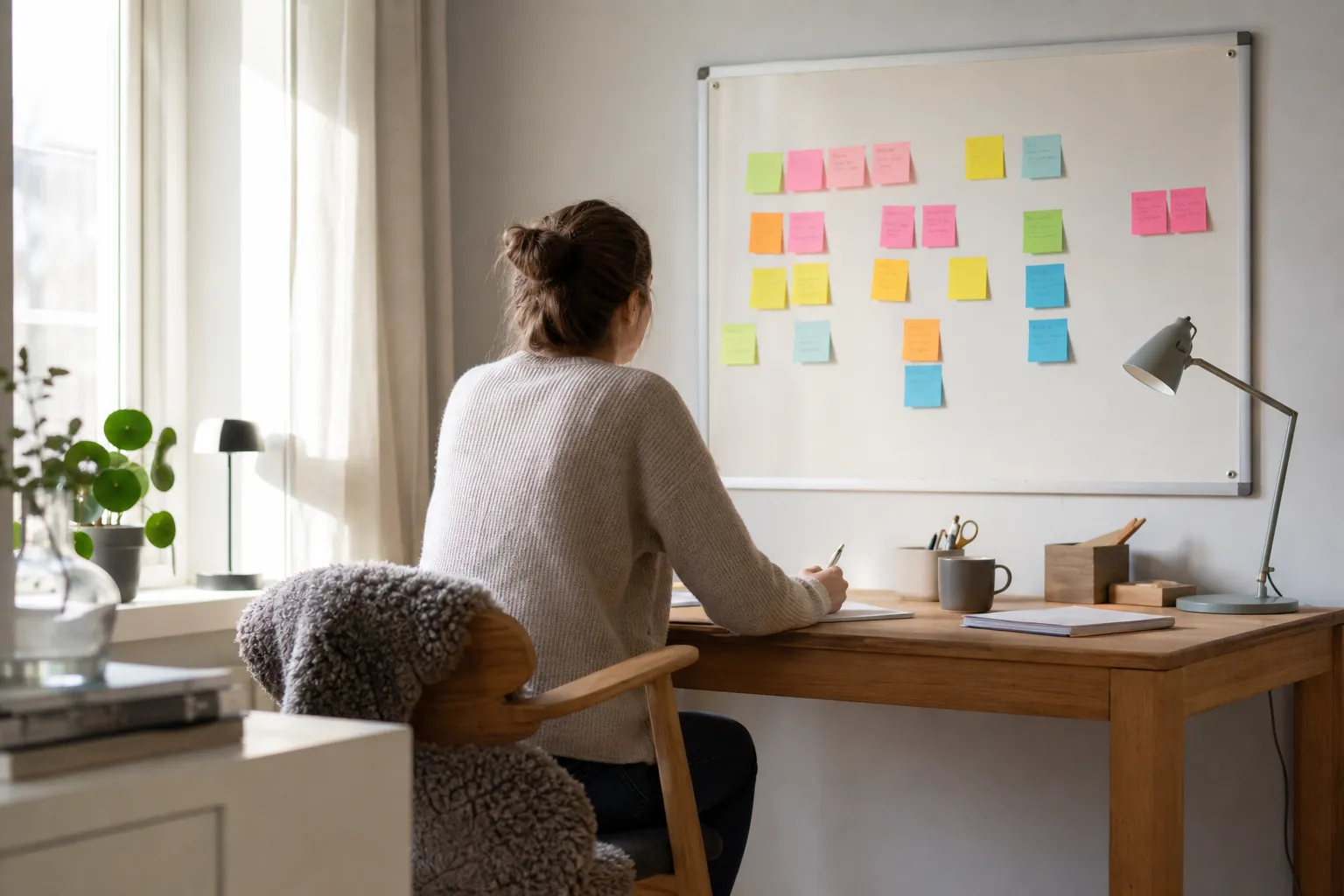 Färgglada post-it-lappar uppsatta på en whiteboard i ett hemmakontor