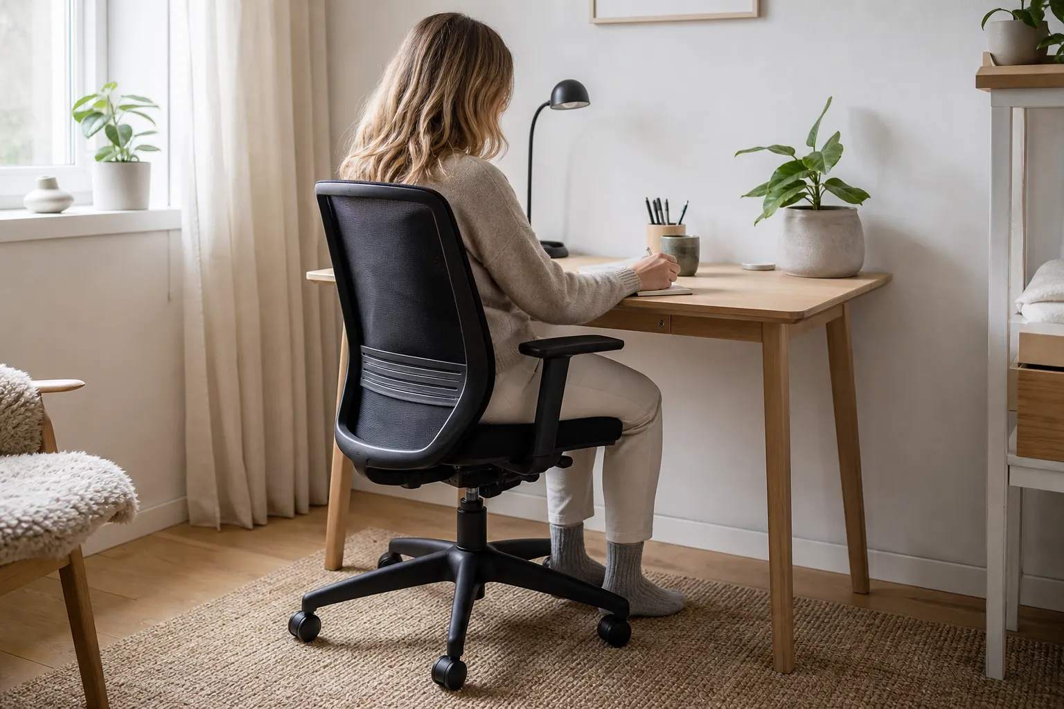 Kortare person sitter med hela foten i golvet i en justerbar kontorsstol vid hemmakontoret
