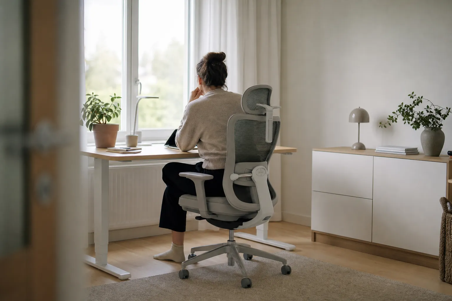 Ljust hemmakontor med en ergonomisk kontorsstol vid ett skrivbord framför fönster