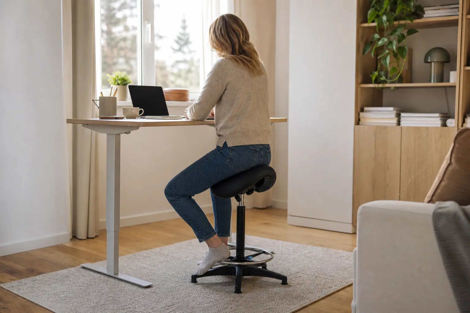 Person sitter på en sadelstol vid ett höj- och sänkbart skrivbord i ett ljust hemmakontor