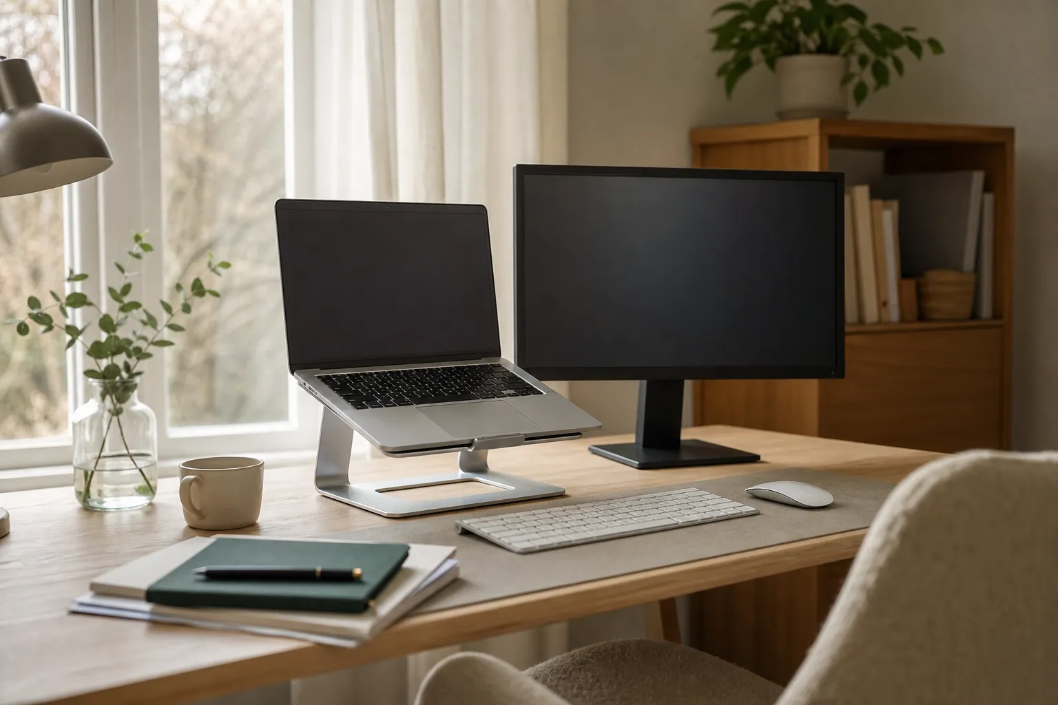 Bärbar dator placerad på ett laptopställ i aluminium med extern skärm bredvid