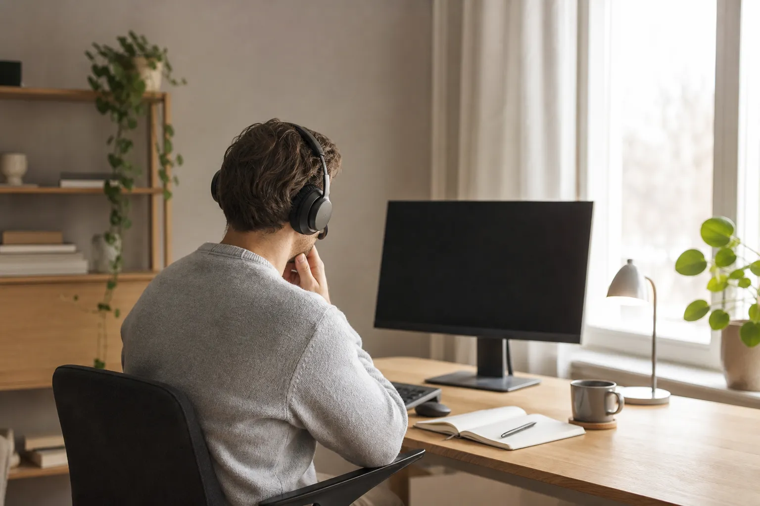 Person med headset framför en bildskärm under ett videomöte på ett hemmakontor