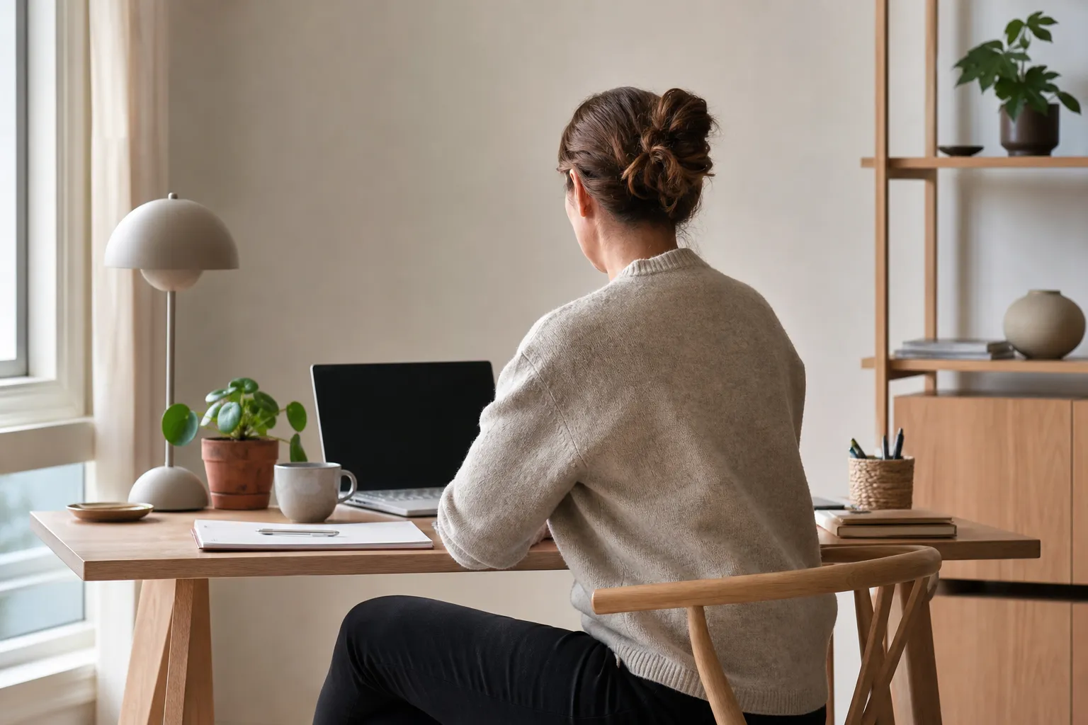 Hemmakontor med en uppstädad, neutral bakgrund bakom en person under ett videomöte