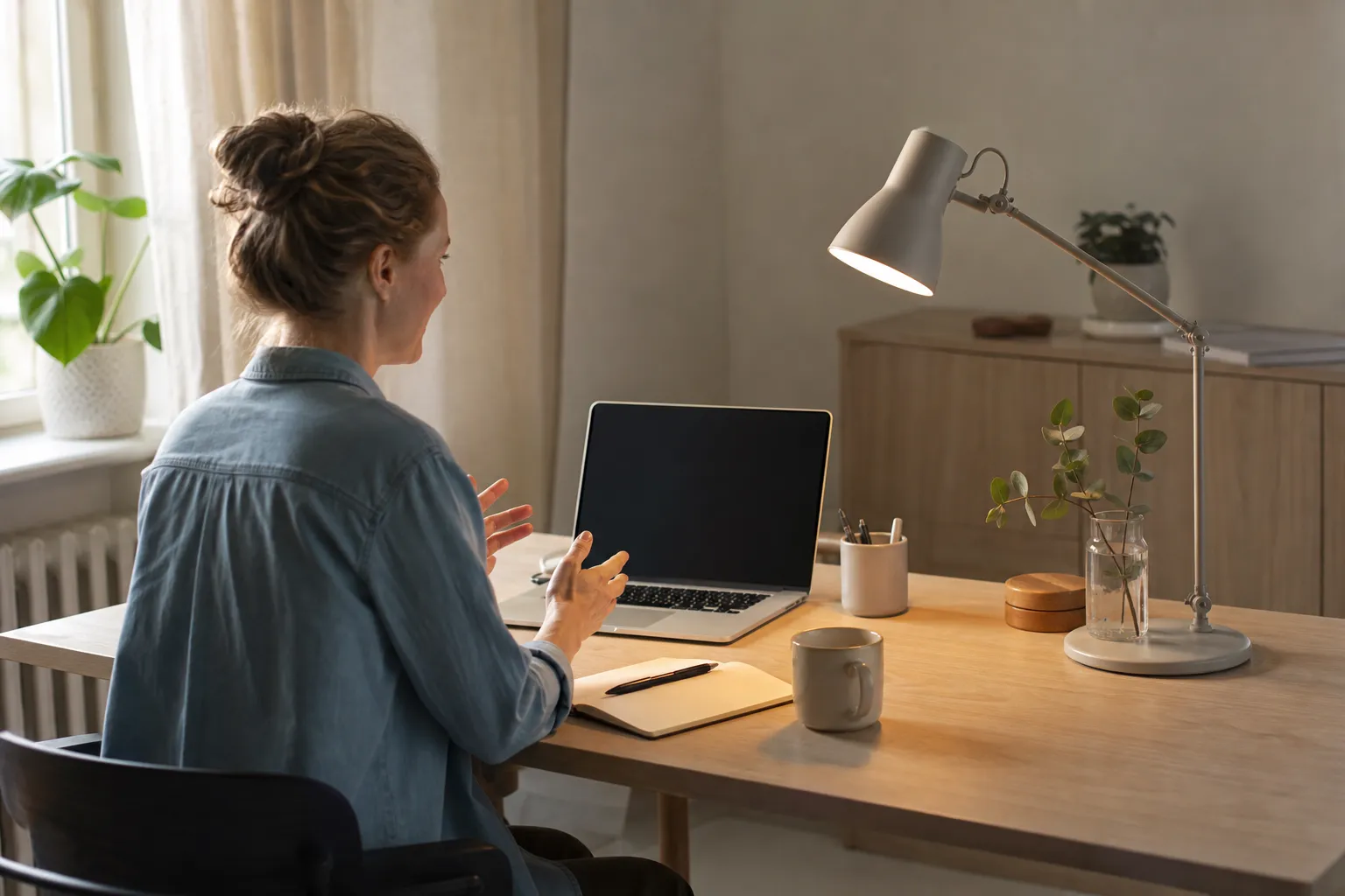 Skrivbordslampa placerad snett framför en person så att ljuset lyser upp ansiktet under ett videomöte