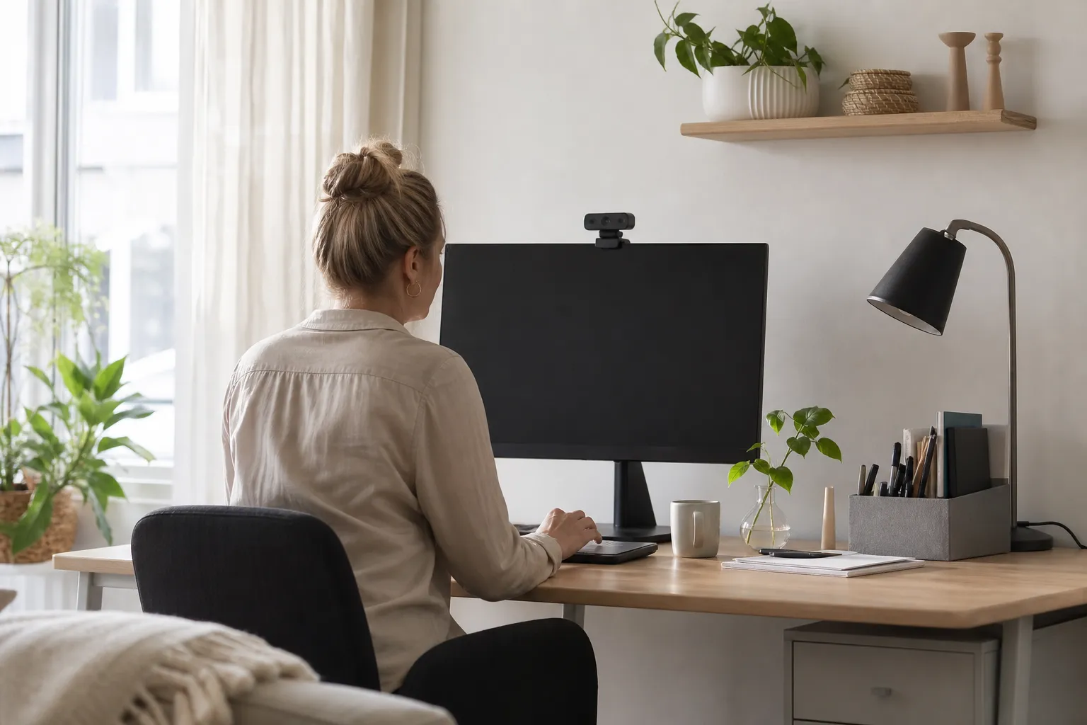Extern webbkamera monterad ovanpå en bildskärm på ett ljust hemmakontor under ett videomöte