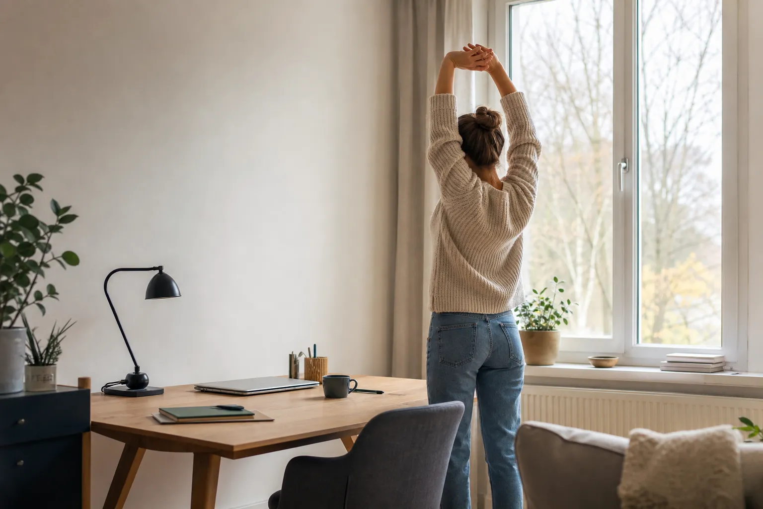 Person reser sig från skrivbordet för en kort rörelsepaus vid ett fönster