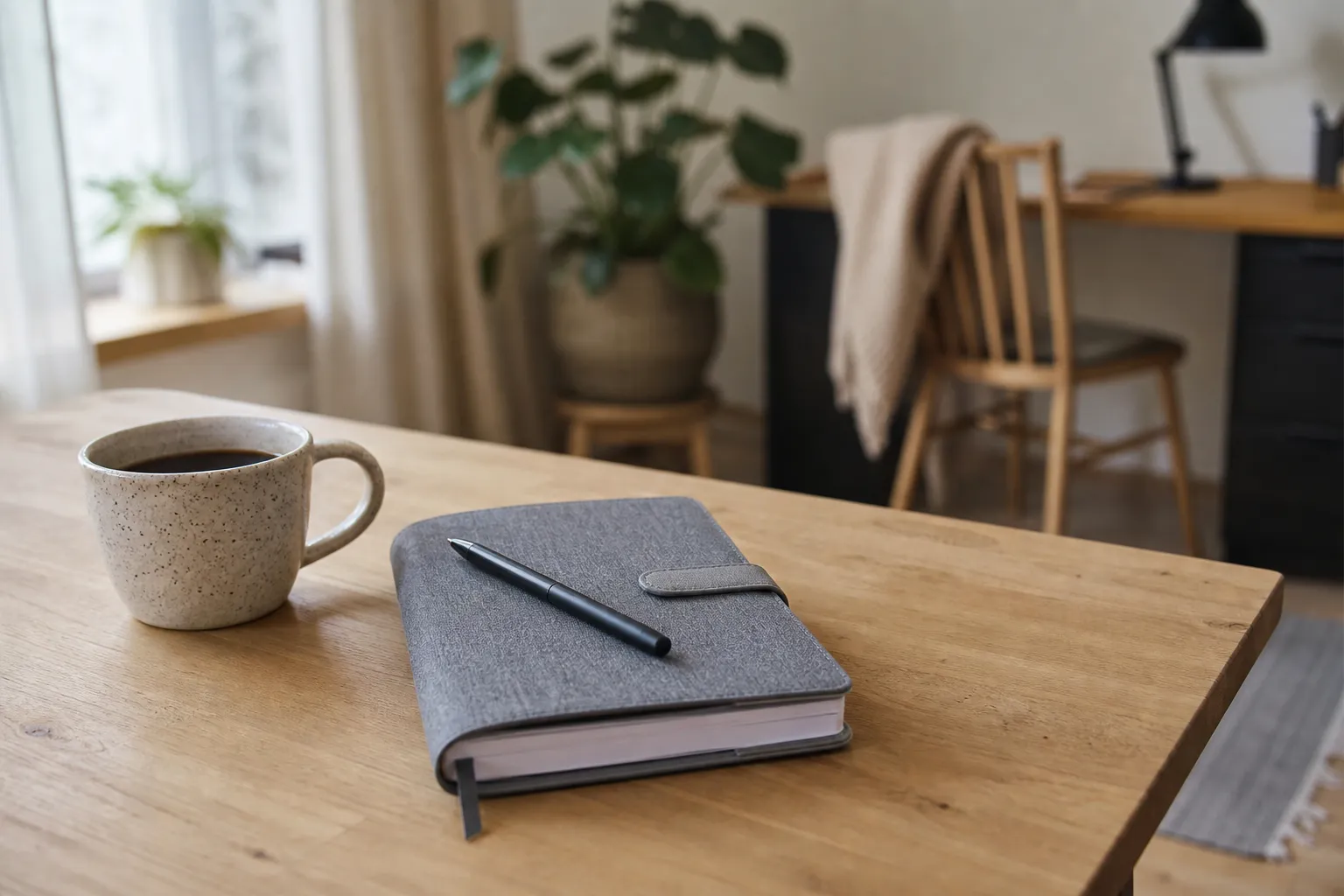 Fickalmanacka och penna på ett skrivbord bredvid en kaffekopp