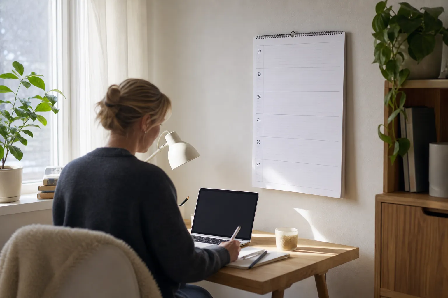 Väggkalender med veckonummer tydligt tryckta i marginalen bredvid varje veckorad