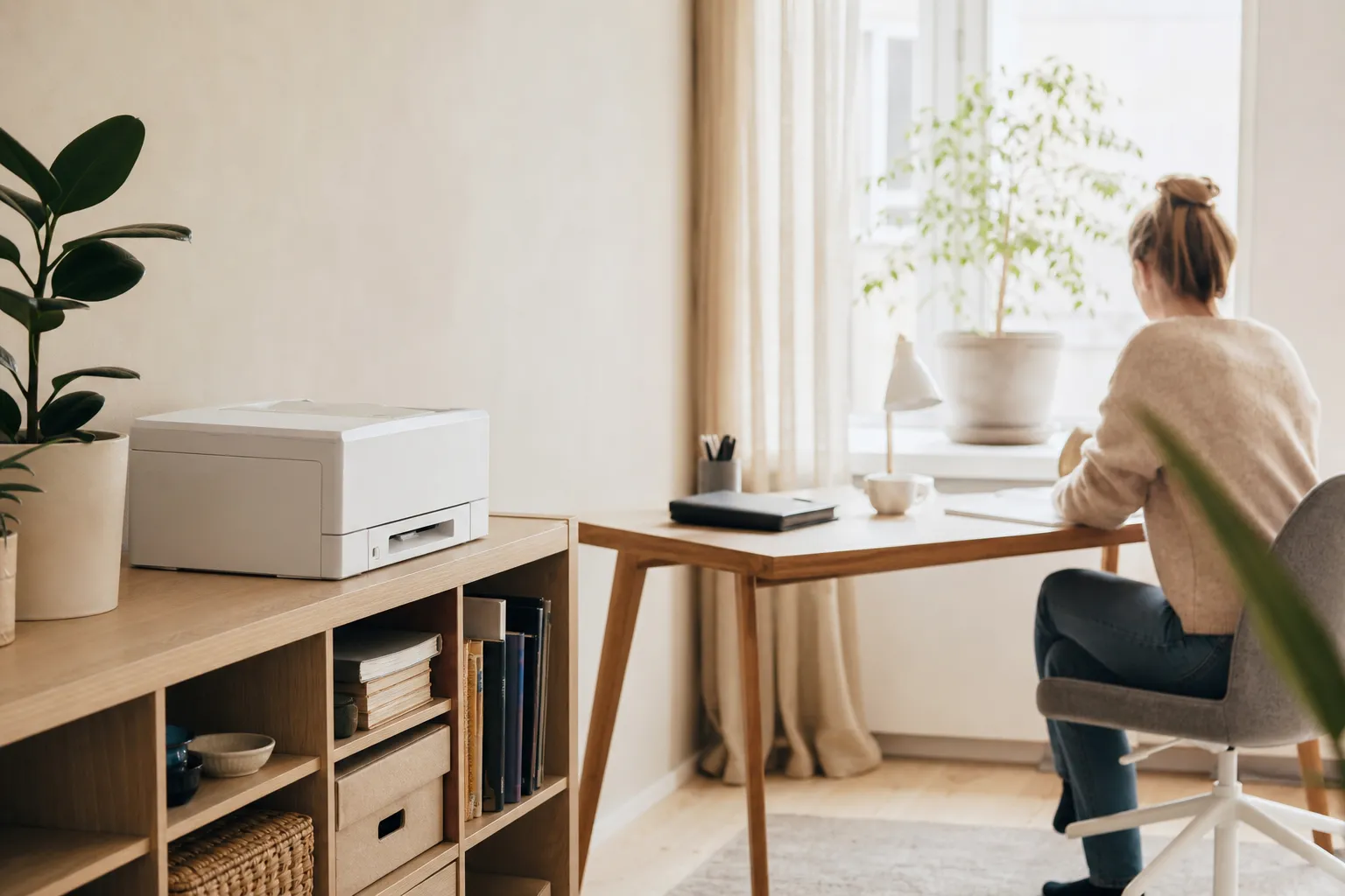 Vit skrivare på en hylla bredvid ett skrivbord i ett ljust skandinaviskt hemmakontor