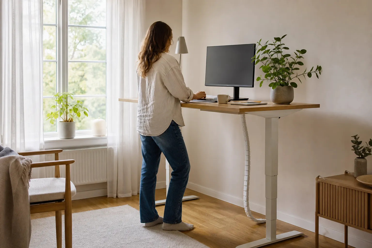 Höj- och sänkbart skrivbord i ståläge i ett ljust hemmakontor med dator och växt