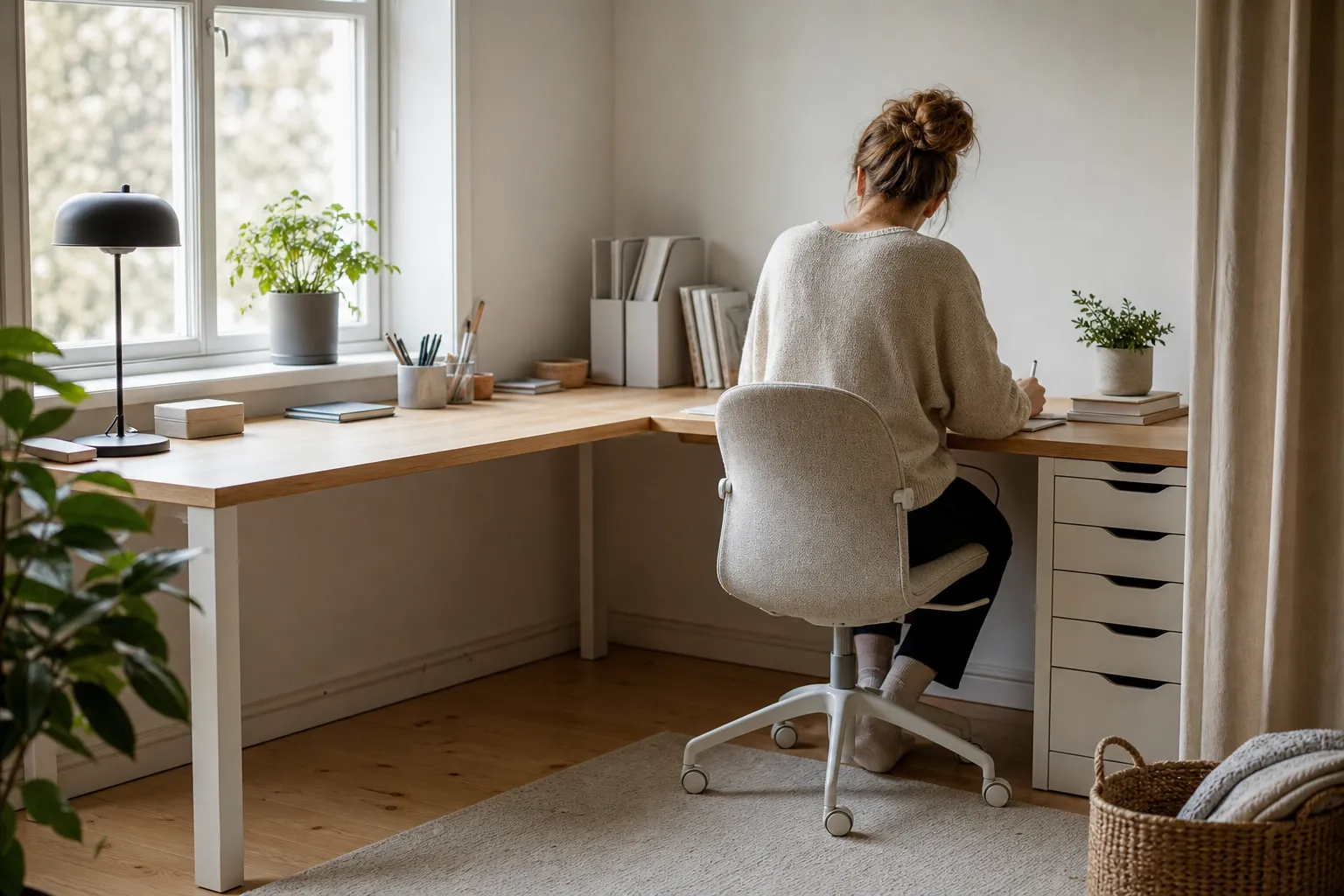 L-format hörnskrivbord i ett ljust rum med två arbetsytor i vinkel och en kontorsstol