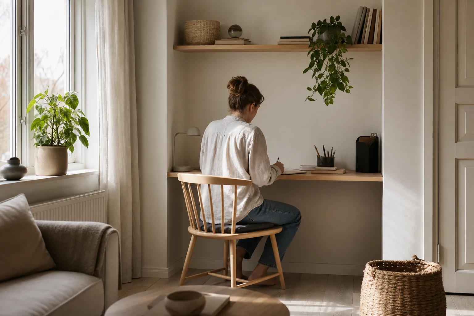 Smalt skrivbord infällt i en nisch i ett litet skandinaviskt rum med hylla ovanför