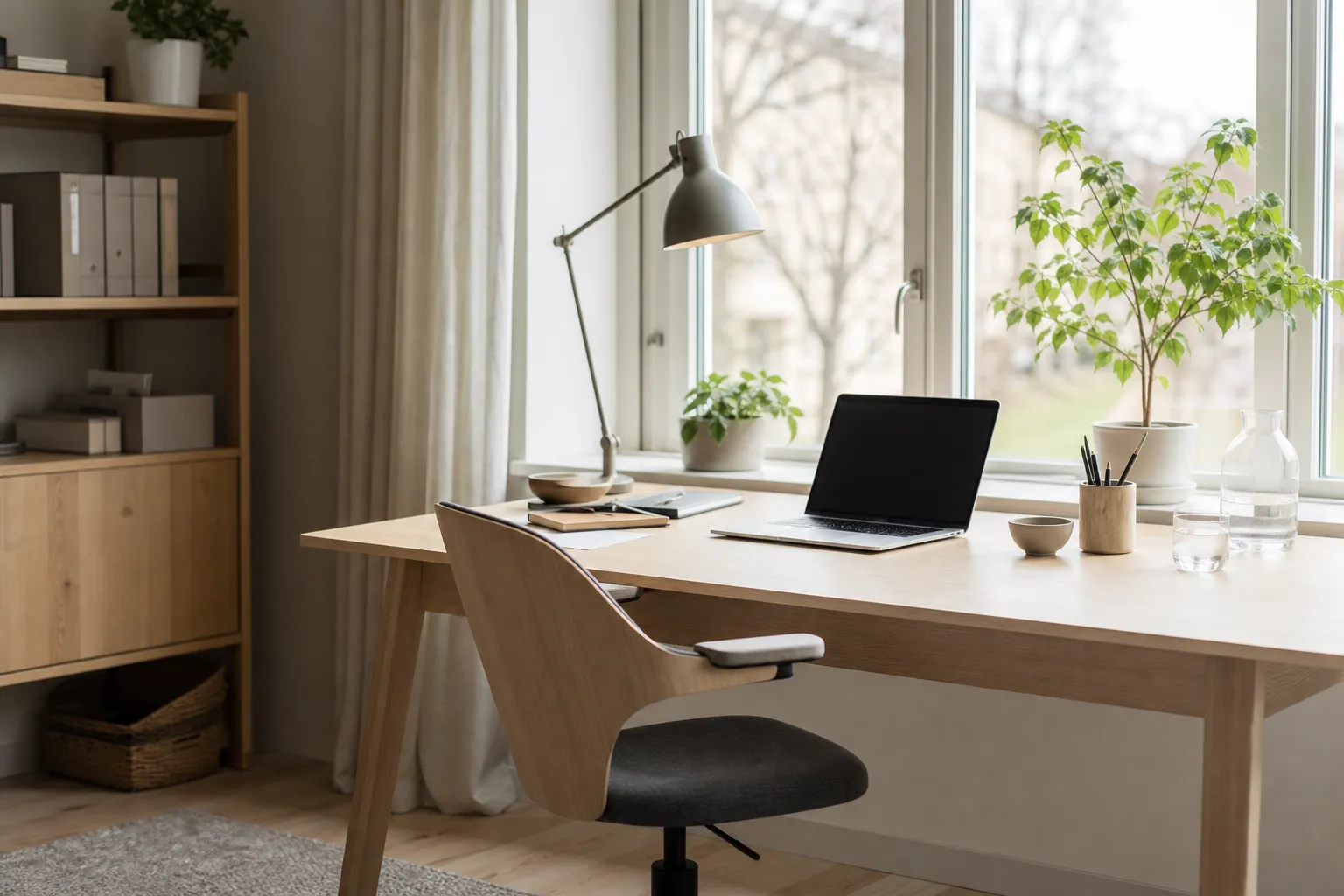 Ljust skrivbord i trä vid ett fönster i ett skandinaviskt hemmakontor, med dator, lampa och en kontorsstol