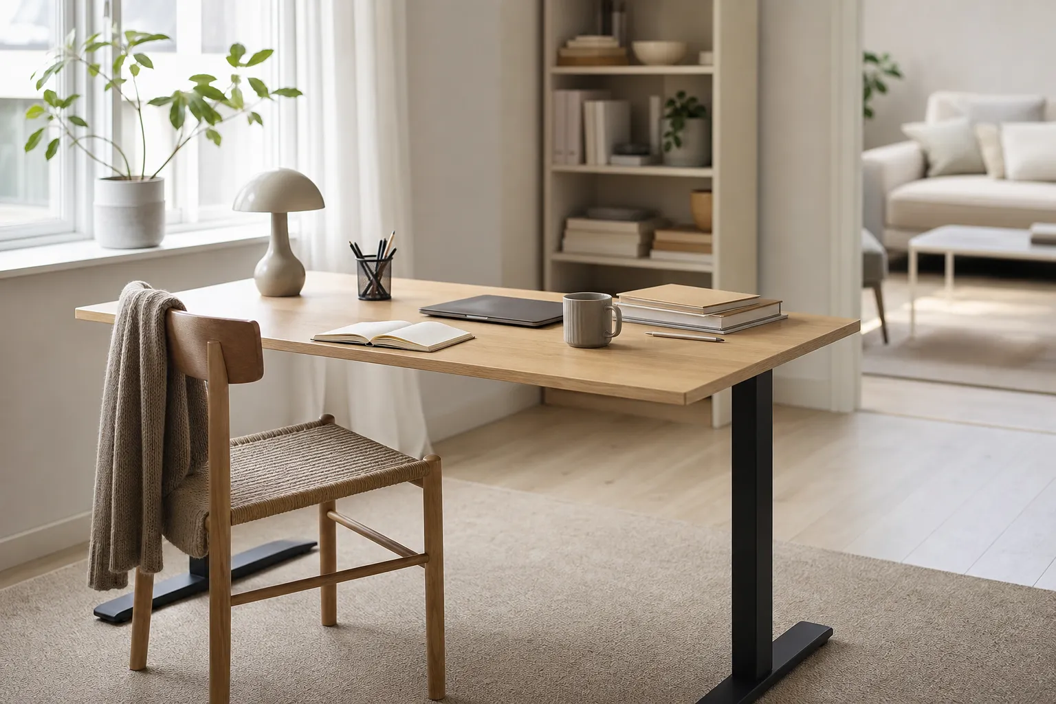 Fristående skrivbordsskiva i ljust trä som monteras på ett metallunderrede i ett minimalistiskt rum